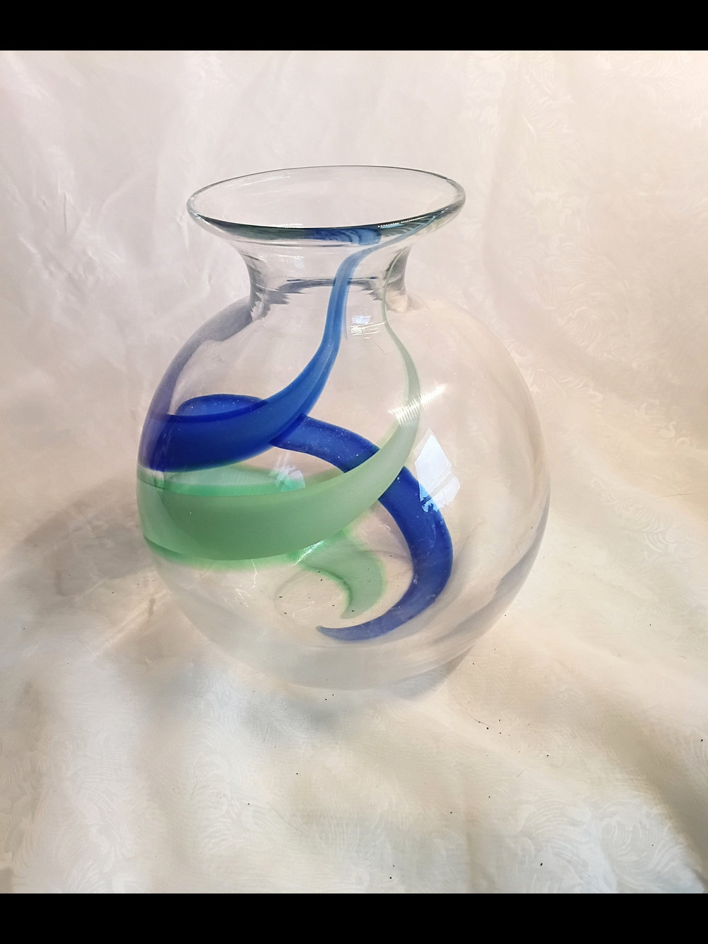 Murano Clear Glass Vase with Blue and Green Ribbon Swirls
